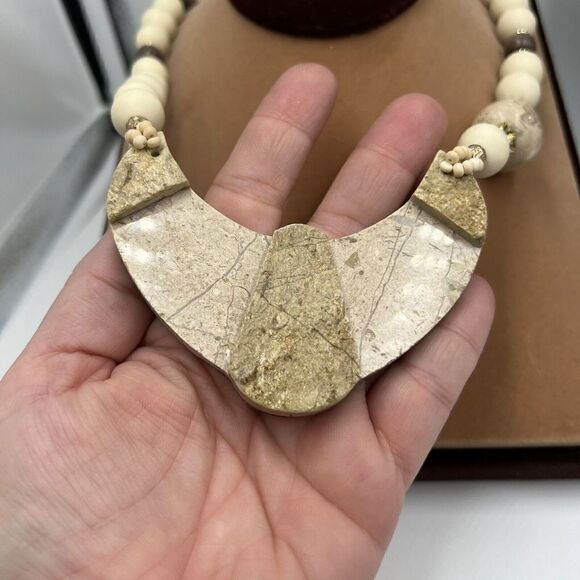 Handmade ~20" Quartz Granite Stone Gold Tone Statement Necklace And Earrings Vtg - Picture 5 of 14